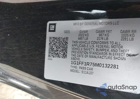 2021 Chevrolet Camaro Rwd Lt1 из США, поврежденный, VIN 1G1FF1R75M0132281